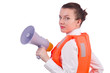 Young woman with vest and loudspeaker on white