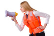 Young woman with vest and loudspeaker on white