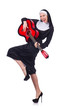 Nun playing guitar isolated on white