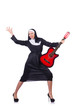 Nun playing guitar isolated on white