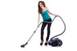 Young woman with vacuum cleaner on white