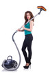 Young woman with vacuum cleaner on white