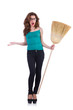 Young woman with broom isolated on white