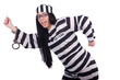 Prisoner in striped uniform on white