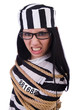 Prisoner in striped uniform on white