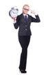 Woman with giant clock on white