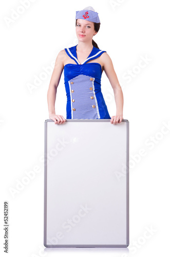 Photo: Stewardess with blank board on white Stewardess with blank board on white