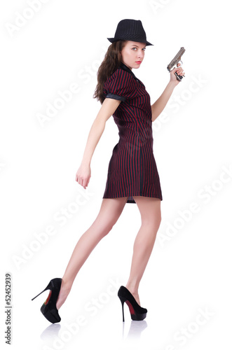 Photo: Woman gangster with handgun on white Woman gangster with handgun on white