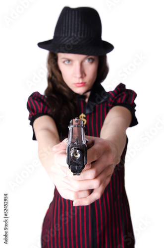 Photo: Woman gangster with handgun on white Woman gangster with handgun on white