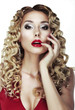 Frizzle. Sexy Bright Blonde with Curly Hair. Red Sensual Lips