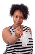 Young black woman pointing to the screen - African people