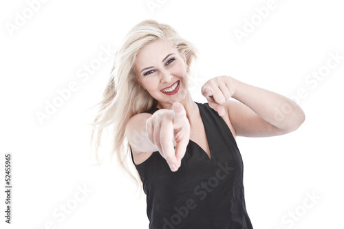 Photo: Spaß und Freude - Blonde Frau isoliert zeigt mit dem Finger Spaß und Freude - Blonde Frau isoliert zeigt mit dem Finger