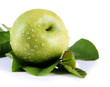 Juicy green apple with leaves, isolated on white