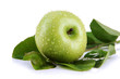 Juicy green apple with leaves, isolated on white