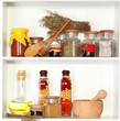 Variety spices on kitchen shelves