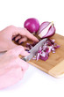 Cutting purple onion isolated on white