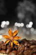 Coffee and Star Anise on sackcloth background with copyspace