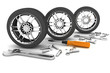 Wheel and Tools. Car service. Isolated 3D image