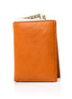 Banknotes dollars in leather brown purse on white