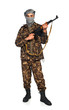 Terrorist with automatic gun on white background