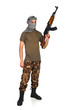 Terrorist with automatic gun on white background