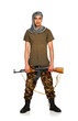 Terrorist with automatic gun on white background
