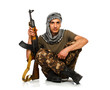 Terrorist with automatic gun on white background