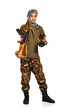 Terrorist with automatic gun and launcher on white background