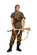 Terrorist with automatic gun and launcher on white background