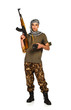 Terrorist with automatic gun and launcher on white background