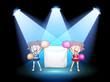 Two young cheerdancers at the stage with an empty banner