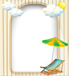 An empty entrance template with an umbrella and a foldable bench