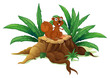 A squirrel on a stump with leaves