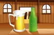 A beer and a bottle of softdrink at the table