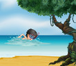 A boy swimming near an old tree