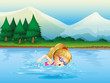 A girl swimming near the pine trees