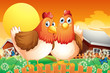 A farm with two hens above the fence