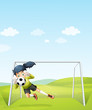 A girl catching the soccer ball under the net