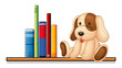A shelf with books and a toy