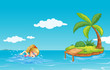Vector: A girl swimming near an island with a coconut tree A girl swimming near an island with a coconut tree