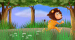 A lion walking in the forest alone