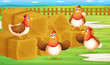 A farm with four hens inside the fence