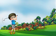 A boy playing golf at the forest