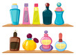 Wooden shelves with different perfumes