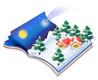 A book with a drawing of a snowy night