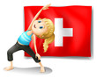A girl having her exercise in front of the Switzerland flag