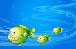 Three green piranhas under the sea