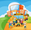 A school bus in front of the school