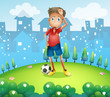 A tired soccer player at the top of the hill