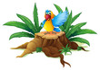 A smiling parrot on a stump